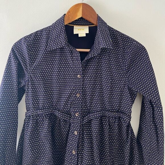 Anthropologie Maeve Blue Long Sleeve Polka Dot Cotton Long Blouse - Picture 3 of 9